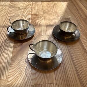 Vintage Industria Argentina Silver Cups W Saucers Set Of 3 Mid Century MCM